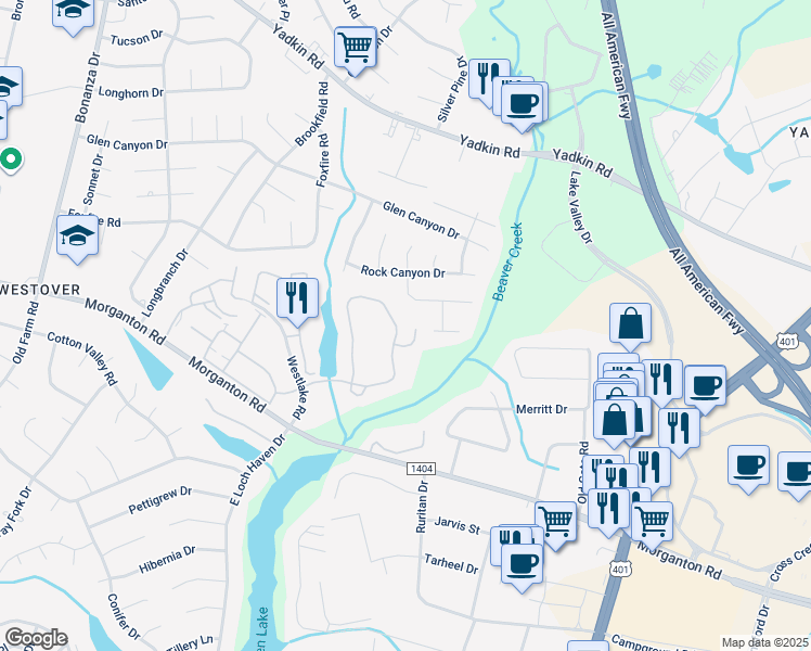 map of restaurants, bars, coffee shops, grocery stores, and more near 274 Waterdown Drive in Fayetteville