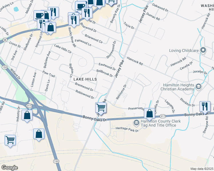 map of restaurants, bars, coffee shops, grocery stores, and more near 4809 Bonny Lake Lane in Chattanooga