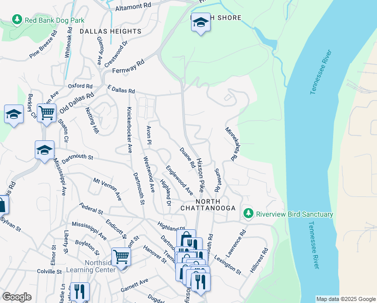 map of restaurants, bars, coffee shops, grocery stores, and more near 1268 Duane Road in Chattanooga