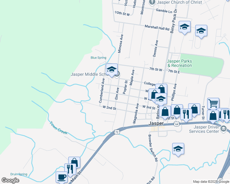 map of restaurants, bars, coffee shops, grocery stores, and more near 311 Elm Avenue in Jasper
