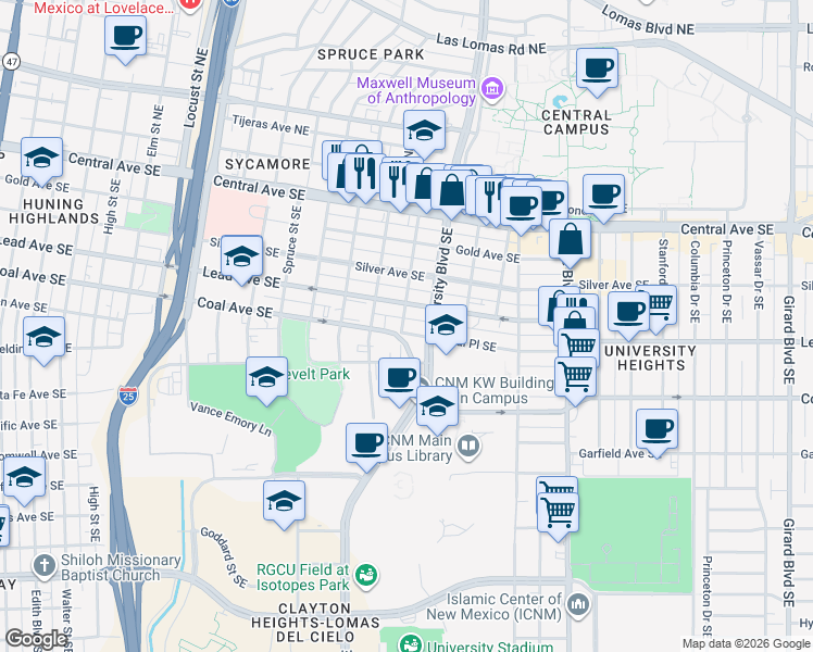 map of restaurants, bars, coffee shops, grocery stores, and more near 1618 Coal Avenue Southeast in Albuquerque