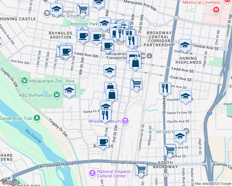 map of restaurants, bars, coffee shops, grocery stores, and more near 807 4th Street Southwest in Albuquerque