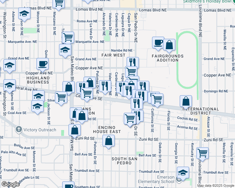 map of restaurants, bars, coffee shops, grocery stores, and more near 6001 Central Avenue Northeast in Albuquerque