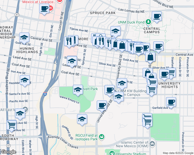 map of restaurants, bars, coffee shops, grocery stores, and more near 1518 Coal Avenue Southeast in Albuquerque