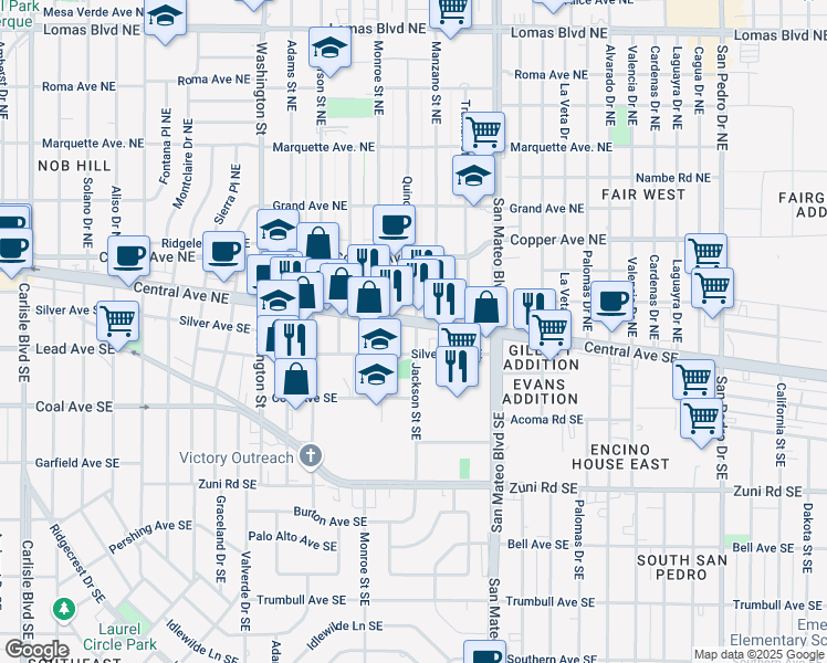 map of restaurants, bars, coffee shops, grocery stores, and more near 4910 Central Avenue Southeast in Albuquerque