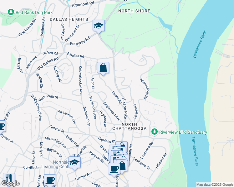 map of restaurants, bars, coffee shops, grocery stores, and more near 1268 Duane Road in Chattanooga