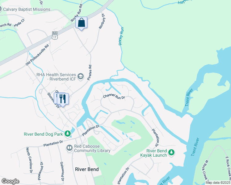 map of restaurants, bars, coffee shops, grocery stores, and more near 212 Channel Run Drive in New Bern