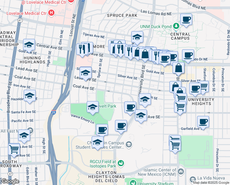 map of restaurants, bars, coffee shops, grocery stores, and more near 1514 Coal Avenue Southeast in Albuquerque