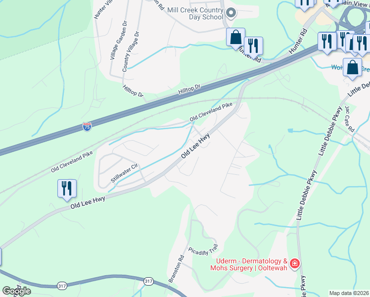map of restaurants, bars, coffee shops, grocery stores, and more near 8417 Old Lee Highway in Ooltewah