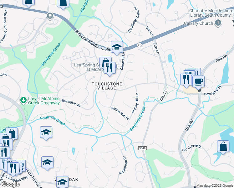 map of restaurants, bars, coffee shops, grocery stores, and more near 9409 Radner Lane in Charlotte