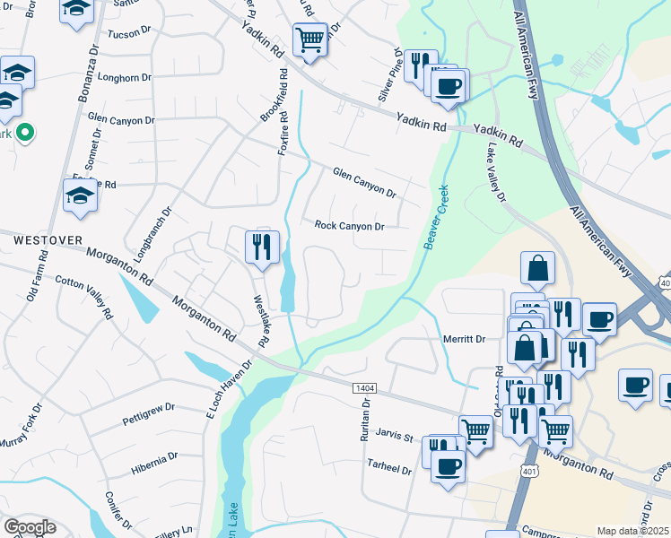 map of restaurants, bars, coffee shops, grocery stores, and more near 274 Waterdown Drive in Fayetteville