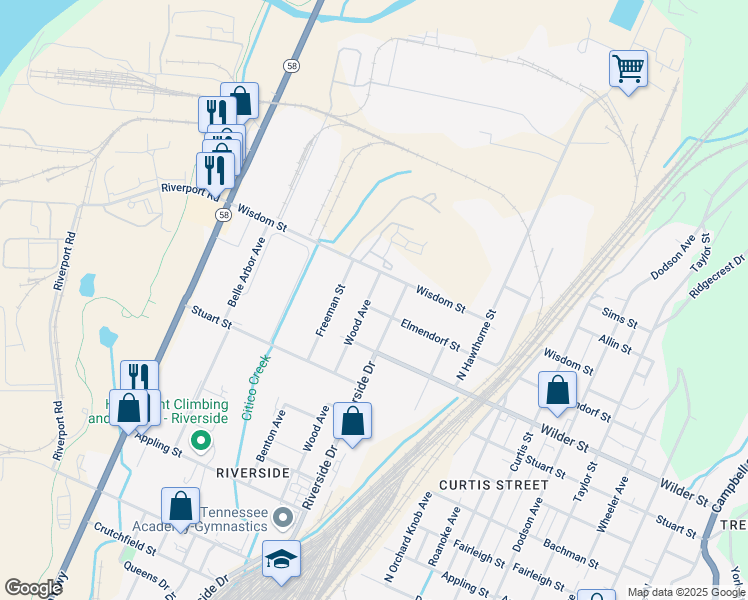 map of restaurants, bars, coffee shops, grocery stores, and more near 3173 Wood Avenue in Chattanooga