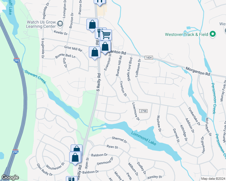 map of restaurants, bars, coffee shops, grocery stores, and more near 7171 Evanston Street in Fayetteville
