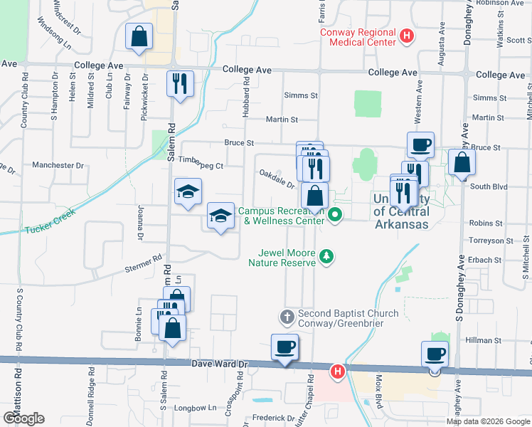 map of restaurants, bars, coffee shops, grocery stores, and more near 120 Robinwood Drive in Conway