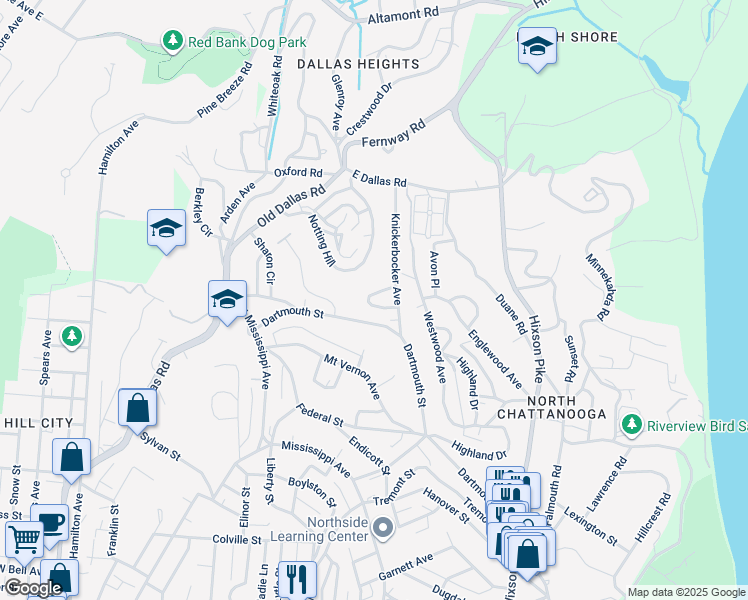 map of restaurants, bars, coffee shops, grocery stores, and more near 1711 Ichabod Lane in Chattanooga