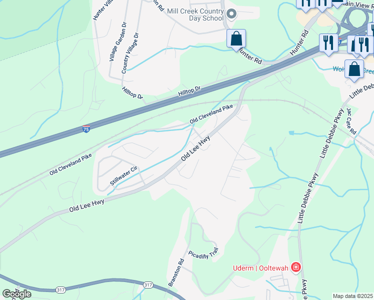 map of restaurants, bars, coffee shops, grocery stores, and more near 8420 Brookmoor Lane in Ooltewah