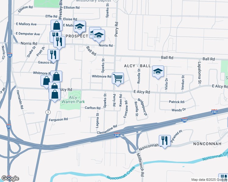 map of restaurants, bars, coffee shops, grocery stores, and more near E Alcy Rd & Perry Rd in Memphis