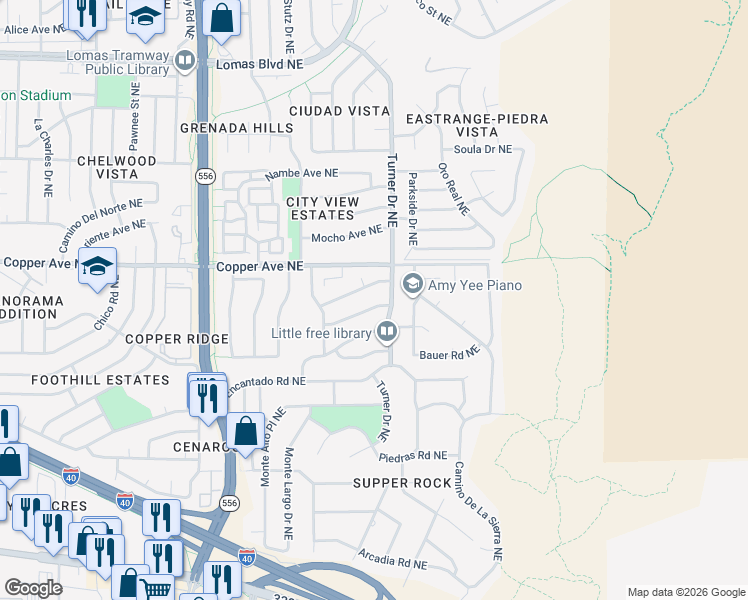 map of restaurants, bars, coffee shops, grocery stores, and more near 14220 Sedrev Road Northeast in Albuquerque