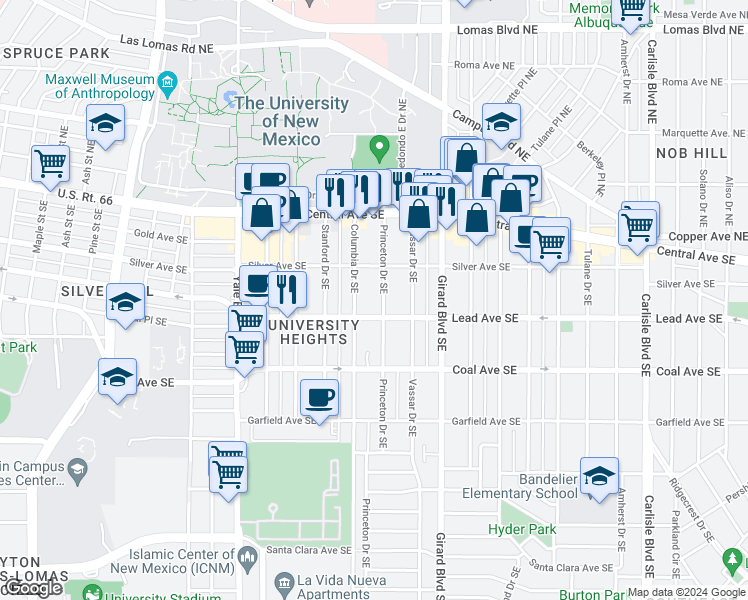 map of restaurants, bars, coffee shops, grocery stores, and more near in Albuquerque