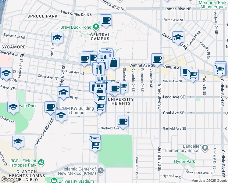 map of restaurants, bars, coffee shops, grocery stores, and more near 221 Cornell Drive Southeast in Albuquerque