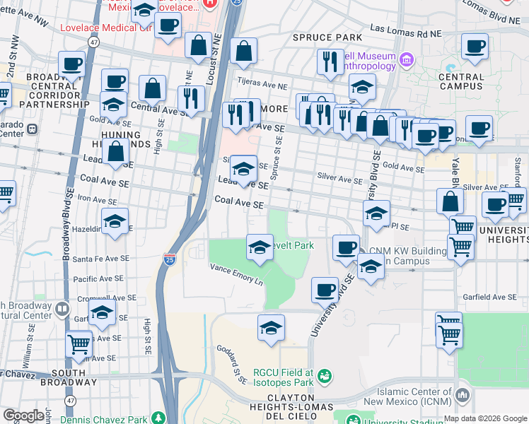 map of restaurants, bars, coffee shops, grocery stores, and more near in Albuquerque