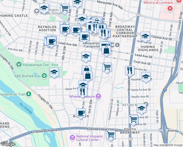 map of restaurants, bars, coffee shops, grocery stores, and more near 807 4th Street Southwest in Albuquerque