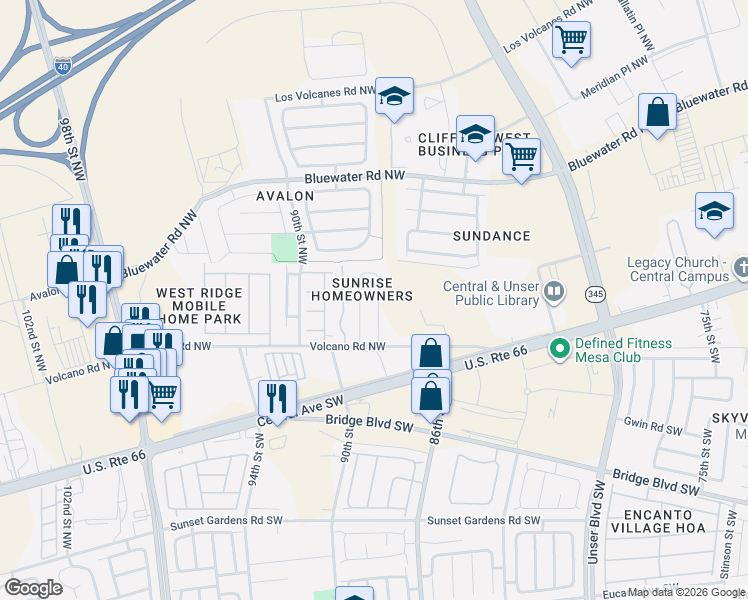 map of restaurants, bars, coffee shops, grocery stores, and more near 99999 Bristol Street Northwest in Albuquerque