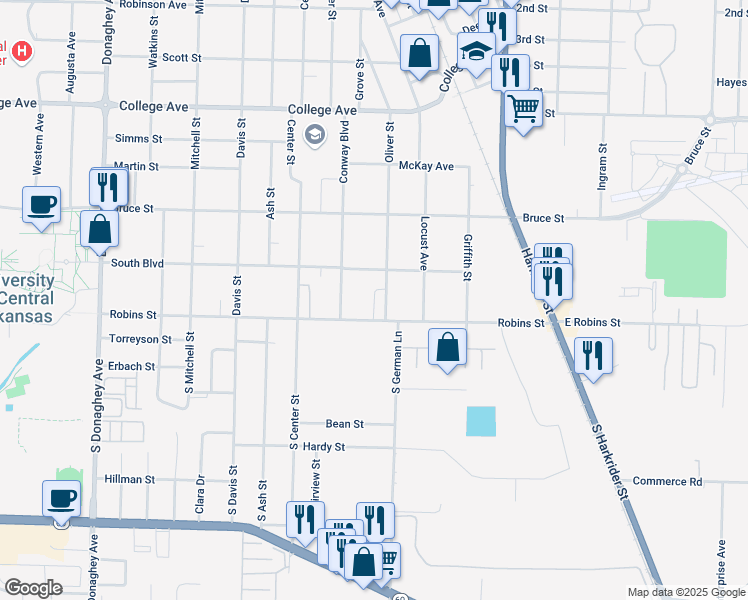 map of restaurants, bars, coffee shops, grocery stores, and more near 107 Oliver Street in Conway