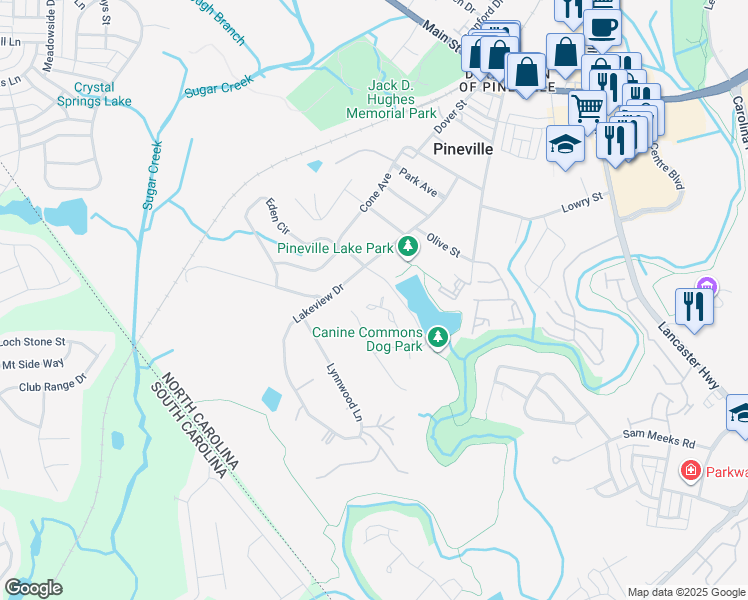 map of restaurants, bars, coffee shops, grocery stores, and more near 243 Water Oak Drive in Pineville