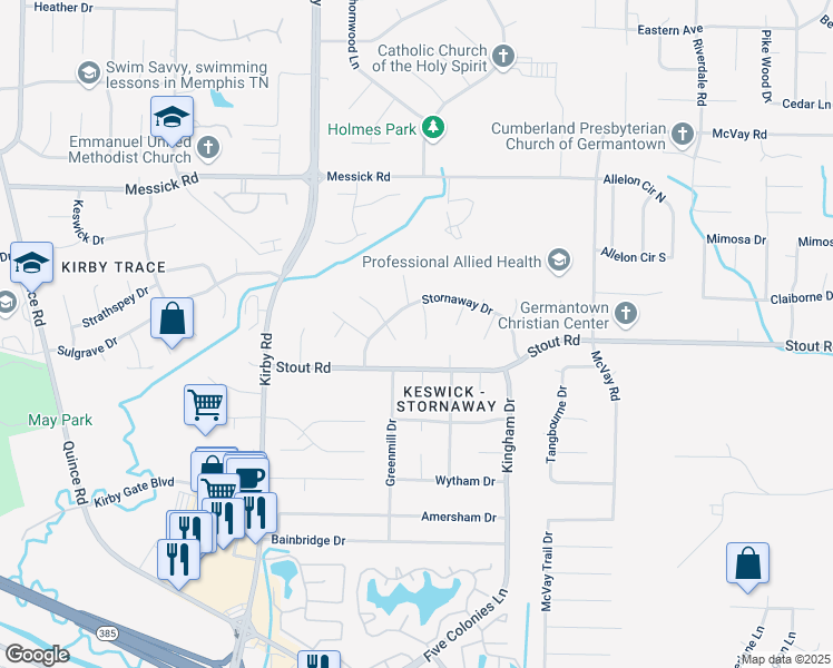 map of restaurants, bars, coffee shops, grocery stores, and more near 2609 Caversham Cove in Memphis