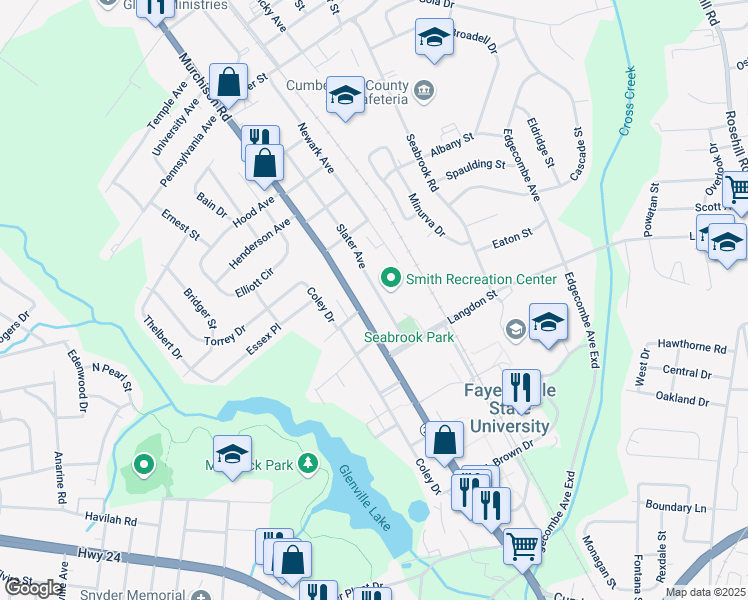 map of restaurants, bars, coffee shops, grocery stores, and more near 1519 Slater Avenue in Fayetteville