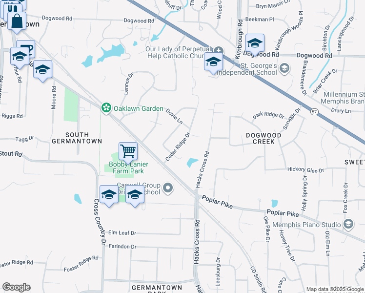 map of restaurants, bars, coffee shops, grocery stores, and more near 2616 Cedar Ridge Drive in Memphis