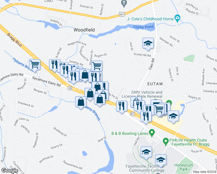 map of restaurants, bars, coffee shops, grocery stores, and more near 3235 Claude Street in Fayetteville