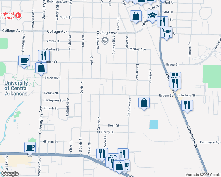 map of restaurants, bars, coffee shops, grocery stores, and more near 108 Conway Boulevard in Conway