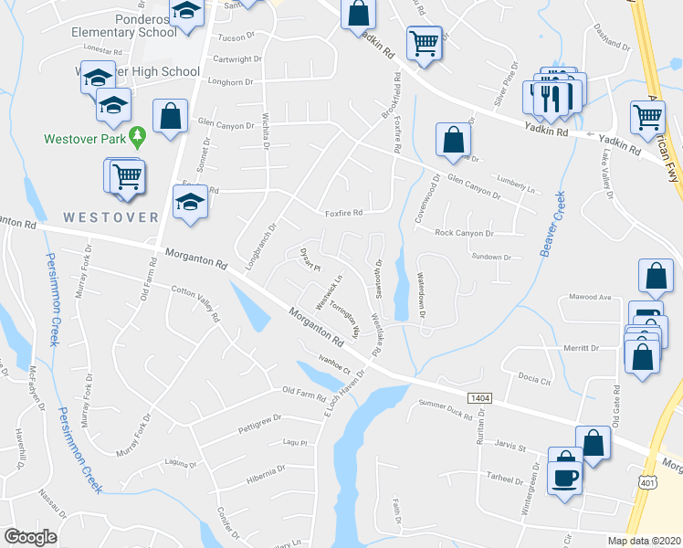 map of restaurants, bars, coffee shops, grocery stores, and more near 152 Westwick Lane in Fayetteville