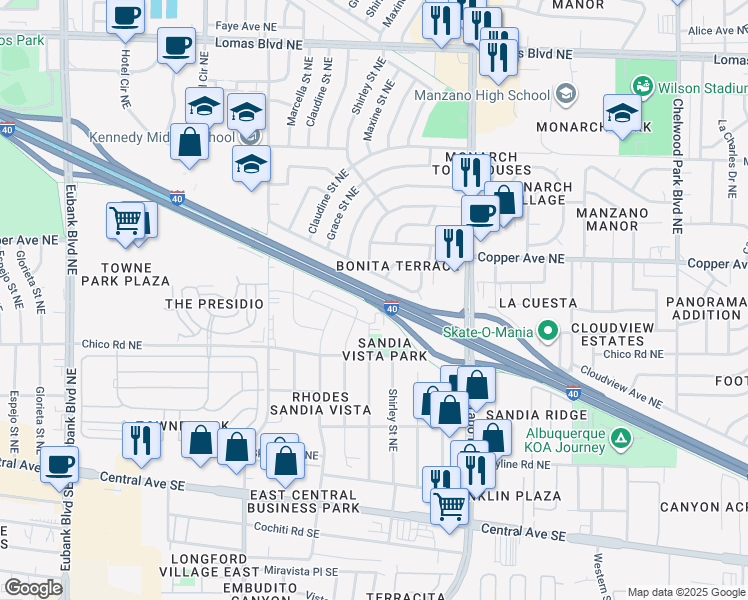 map of restaurants, bars, coffee shops, grocery stores, and more near Coronado Freeway in Albuquerque