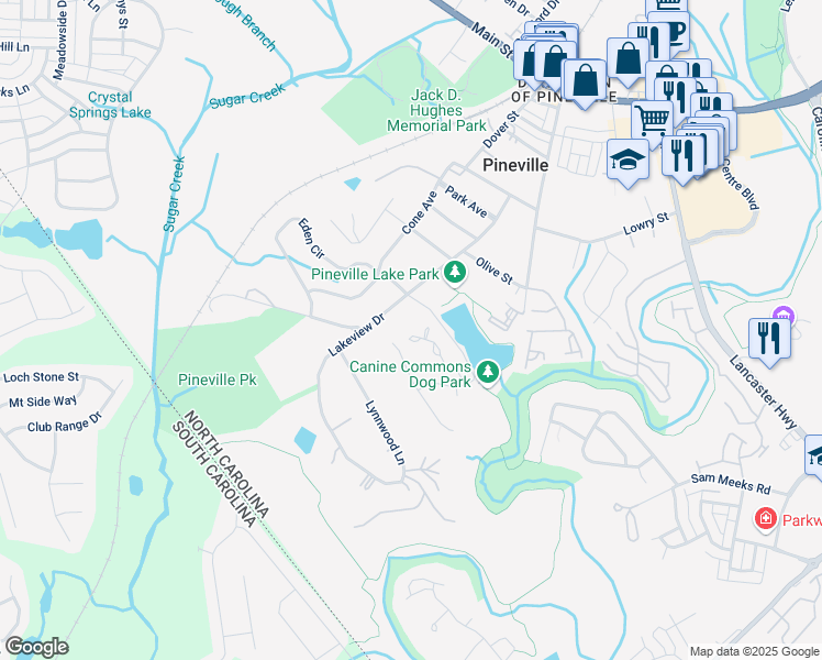 map of restaurants, bars, coffee shops, grocery stores, and more near 240 Water Oak Drive in Pineville