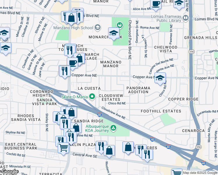 map of restaurants, bars, coffee shops, grocery stores, and more near 12412 Domingo Road Northeast in Albuquerque