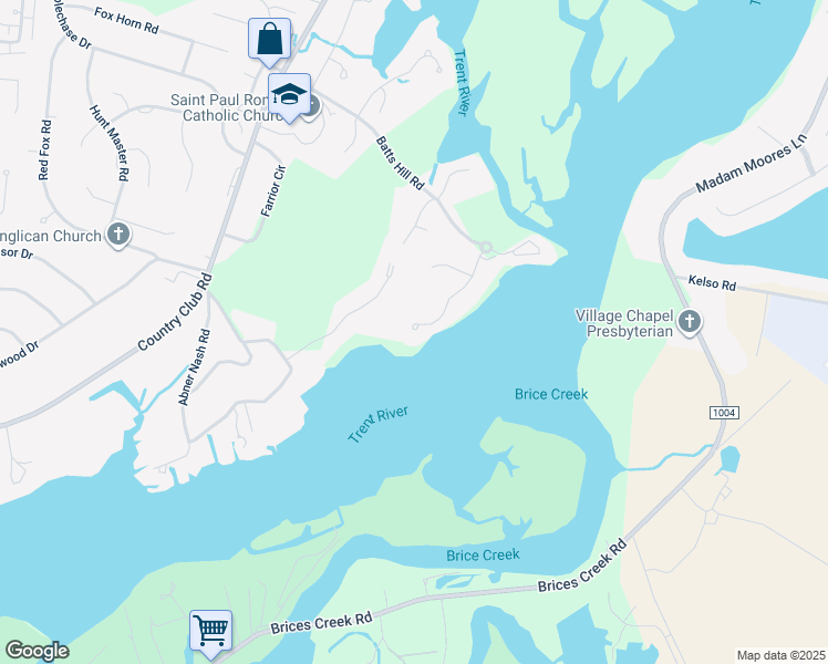 map of restaurants, bars, coffee shops, grocery stores, and more near 3021 River Lane in New Bern