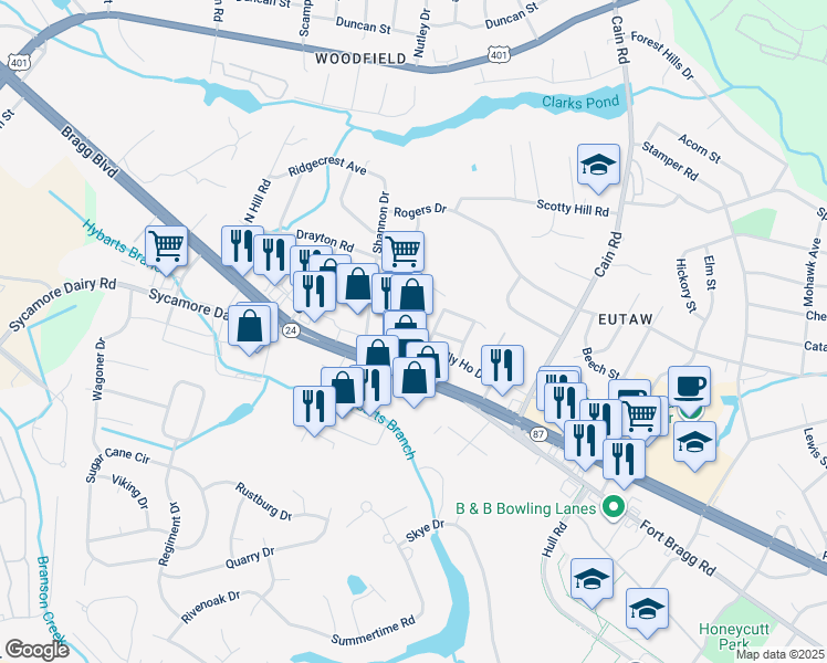map of restaurants, bars, coffee shops, grocery stores, and more near 3308 Bragg Boulevard in Fayetteville