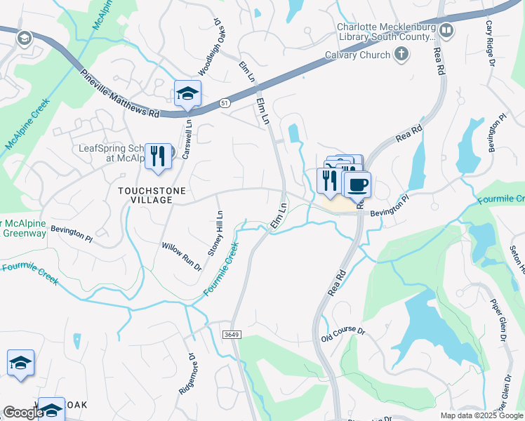 map of restaurants, bars, coffee shops, grocery stores, and more near 9428 Wood Ridge Dr in Charlotte