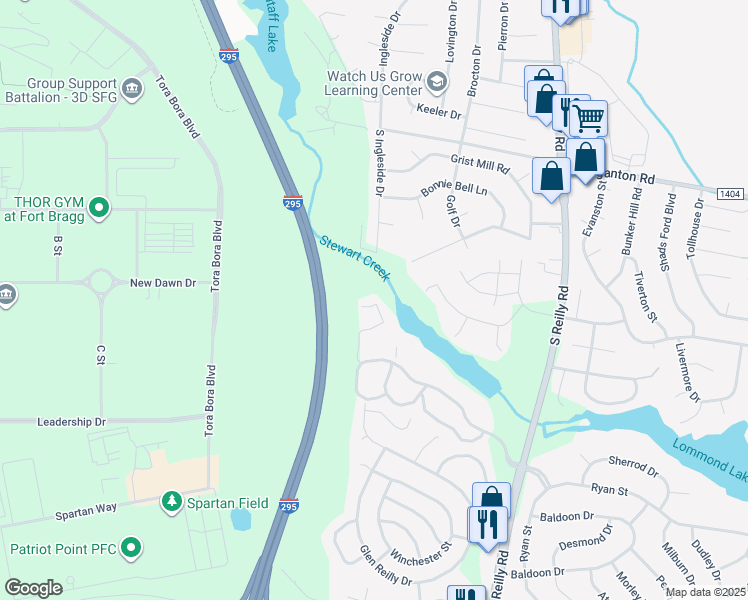 map of restaurants, bars, coffee shops, grocery stores, and more near 974 Stewarts Creek Drive in Fayetteville