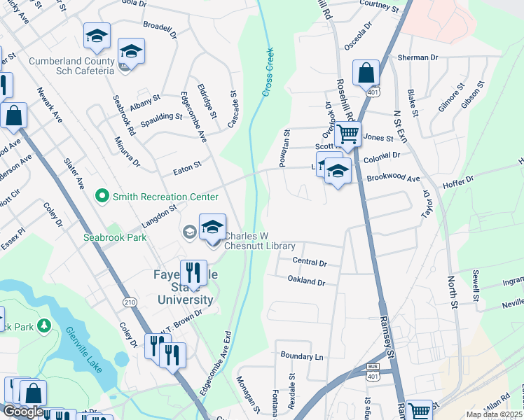 map of restaurants, bars, coffee shops, grocery stores, and more near 1507 Howell Street in Fayetteville