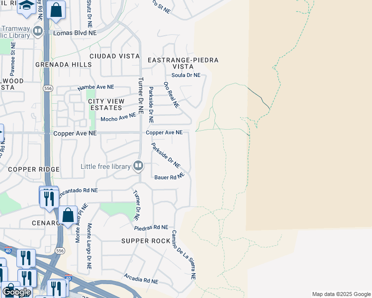 map of restaurants, bars, coffee shops, grocery stores, and more near 715 Supper Rock Drive Northeast in Albuquerque
