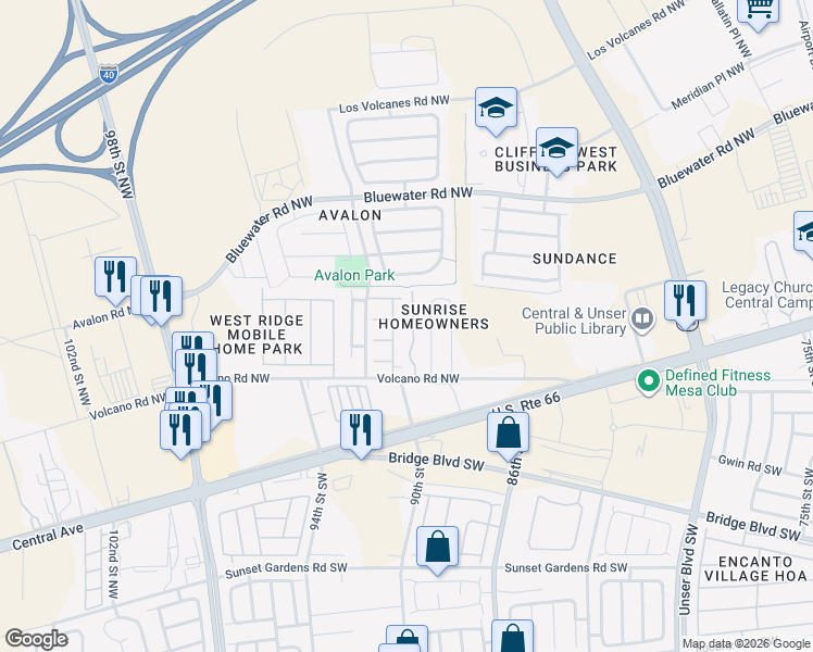 map of restaurants, bars, coffee shops, grocery stores, and more near 9005 Volcano Road Northwest in Albuquerque