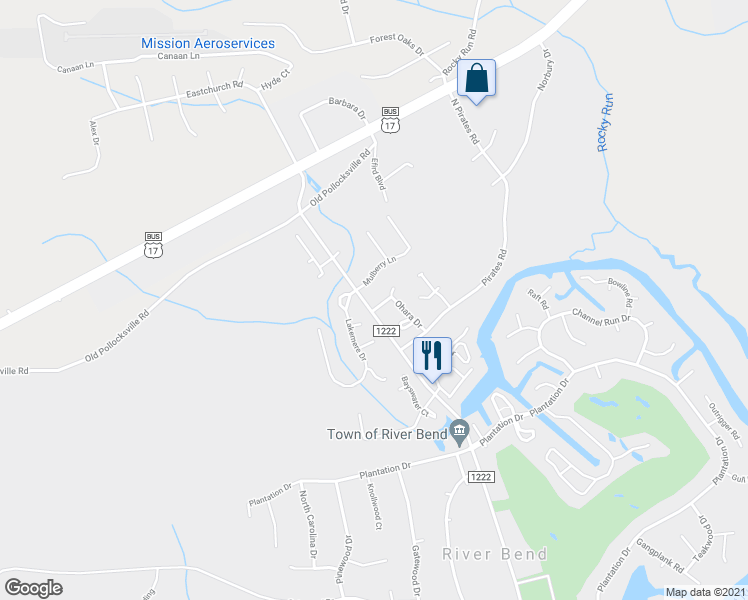 map of restaurants, bars, coffee shops, grocery stores, and more near 91 Ashley Place in New Bern
