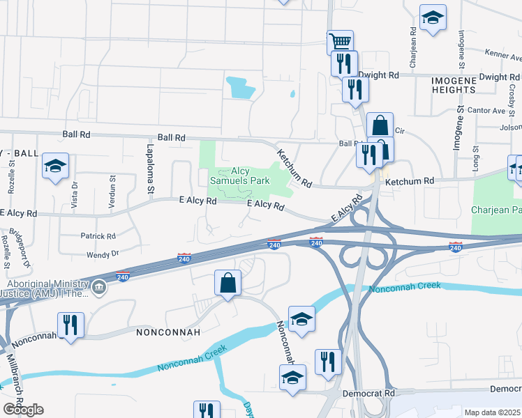 map of restaurants, bars, coffee shops, grocery stores, and more near 2119 East Alcy Road in Memphis