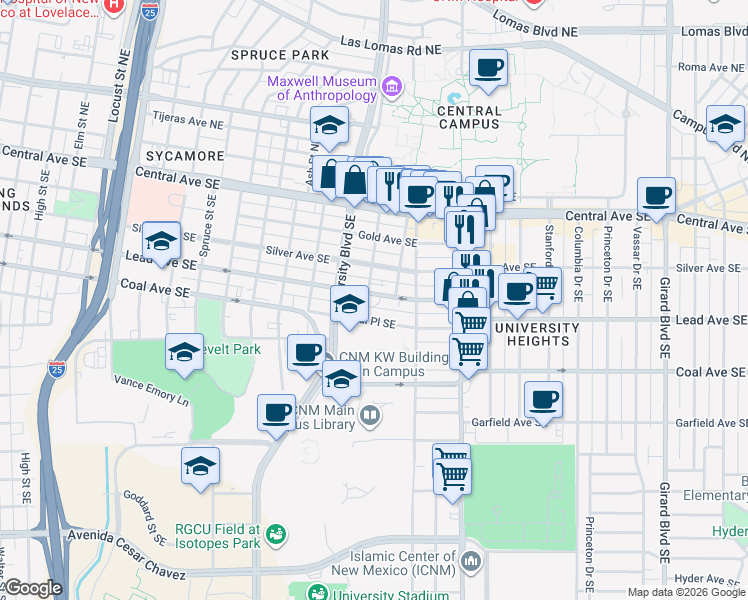 map of restaurants, bars, coffee shops, grocery stores, and more near 1901 Coal Place Southeast in Albuquerque