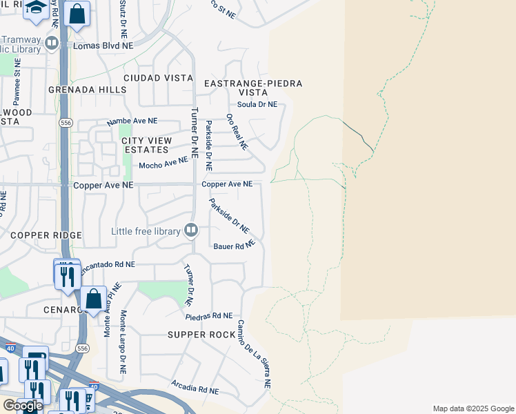 map of restaurants, bars, coffee shops, grocery stores, and more near 715 Supper Rock Drive Northeast in Albuquerque