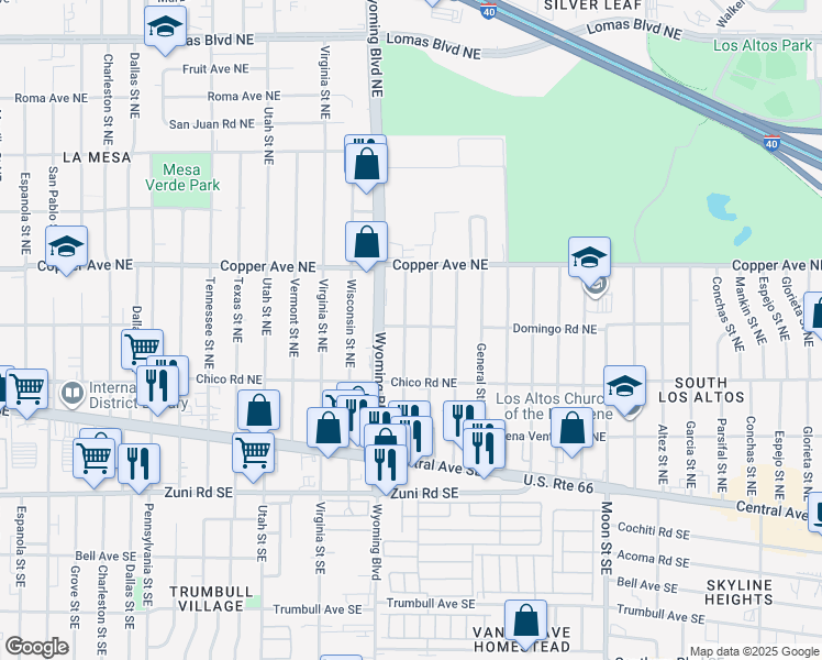 map of restaurants, bars, coffee shops, grocery stores, and more near 225 General Marshall Street Northeast in Albuquerque